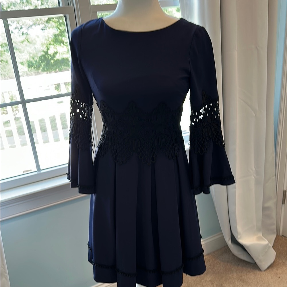 Eliza J Blue Fit and Flare Dress with Bell Sleeves